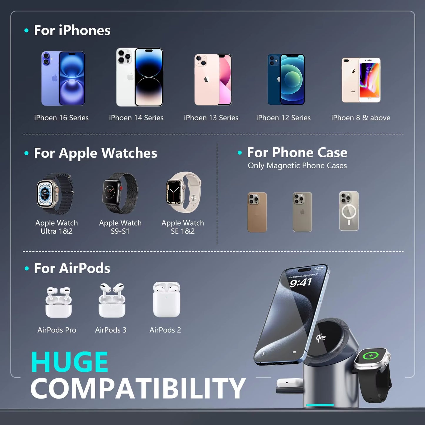 Qi2 3-in-1 Magnetic Wireless Charging Stand with Auto Rotation - Sleek Aluminum Design for iPhone 16/15/14/13/12, Apple Watch & AirPods