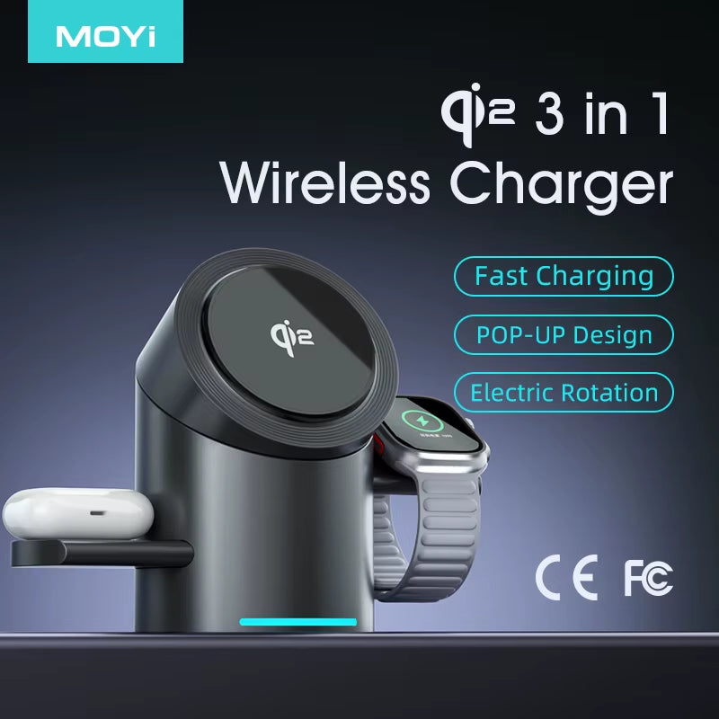 Qi2 3-in-1 Magnetic Wireless Charging Stand with Auto Rotation - Sleek Aluminum Design for iPhone 16/15/14/13/12, Apple Watch & AirPods