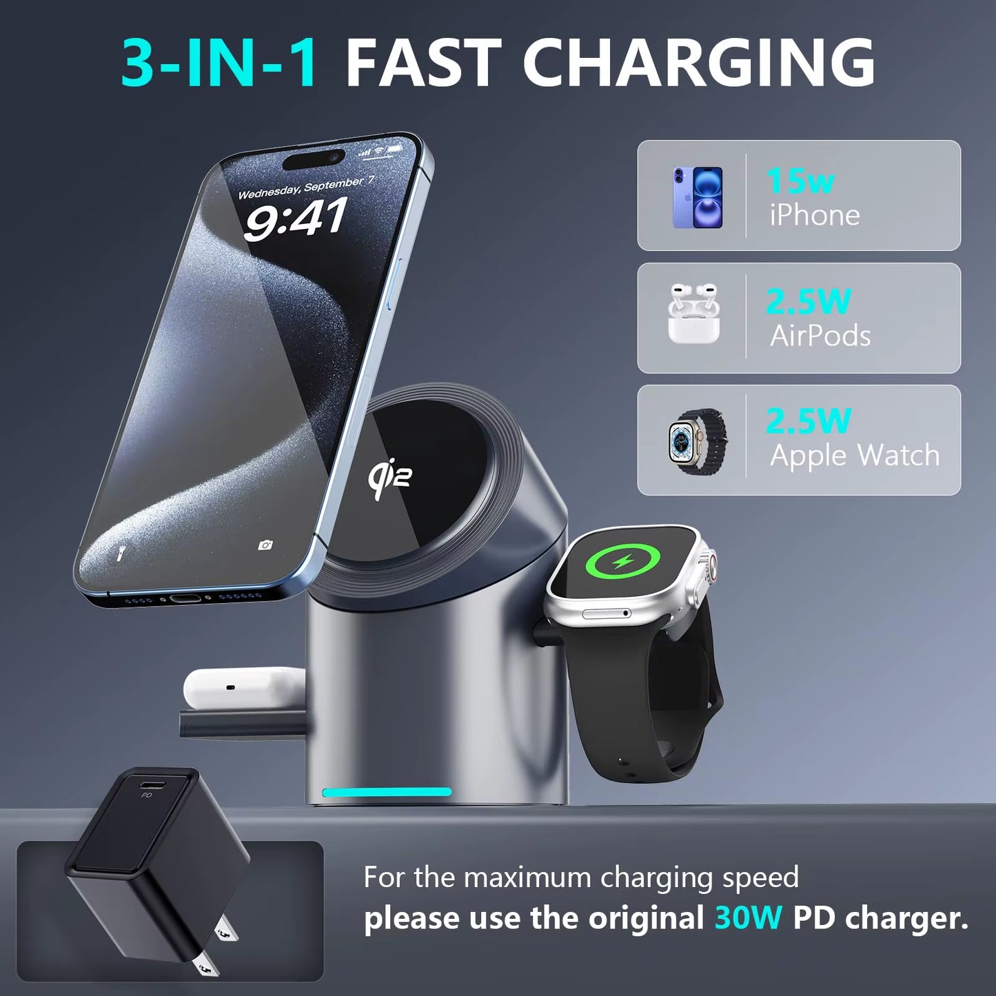Qi2 3-in-1 Magnetic Wireless Charging Stand with Auto Rotation - Sleek Aluminum Design for iPhone 16/15/14/13/12, Apple Watch & AirPods