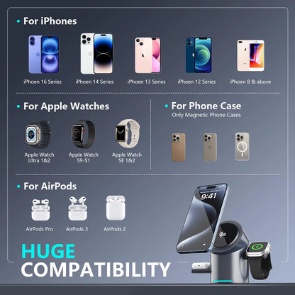 Qi2 3-in-1 Magnetic Wireless Charging Stand with Auto Rotation - Sleek Aluminum Design for iPhone 16/15/14/13/12, Apple Watch & AirPods